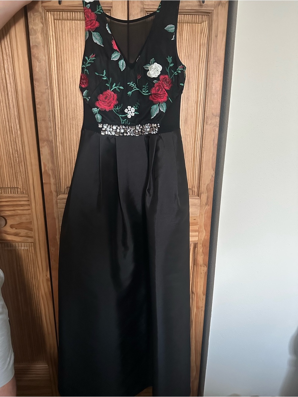 A. Byer Black Maxi Dress with Red & White Floral Embroidery and Jeweled Waist